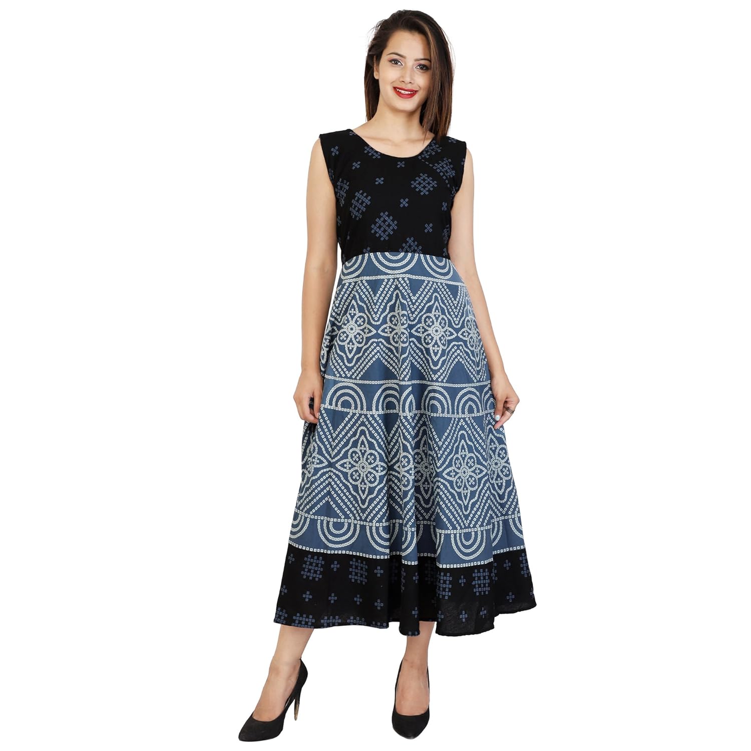 theurbanstreet 100% cotton long western blue maxi dress for women