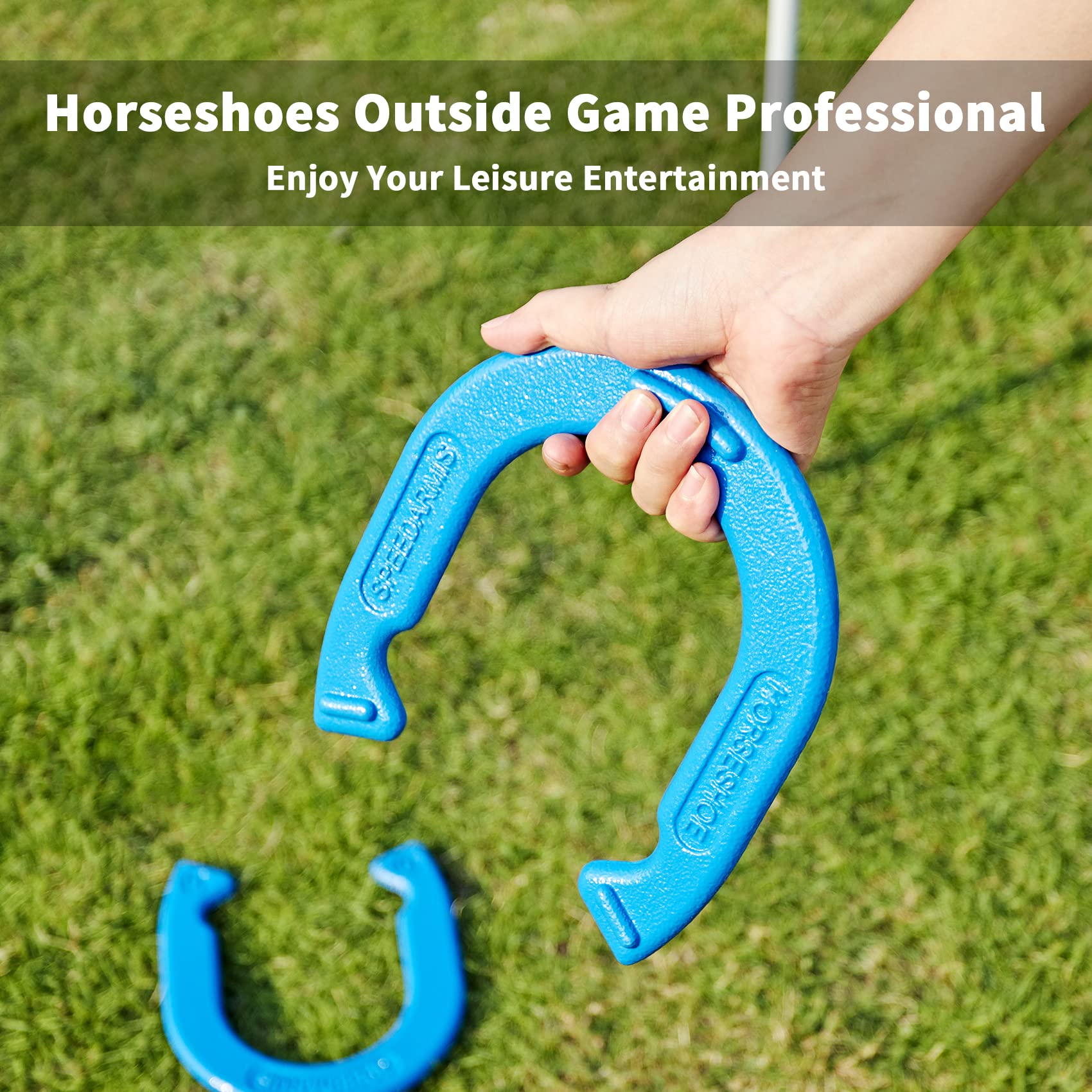 SpeedArmis Horseshoes Outside Game Set - Universal Size Lawn Horseshoes Outdoor Games for Parties Beach Backyard, Includes 4 Horseshoes, 2 Steel Stakes and Durable Carrying Bag