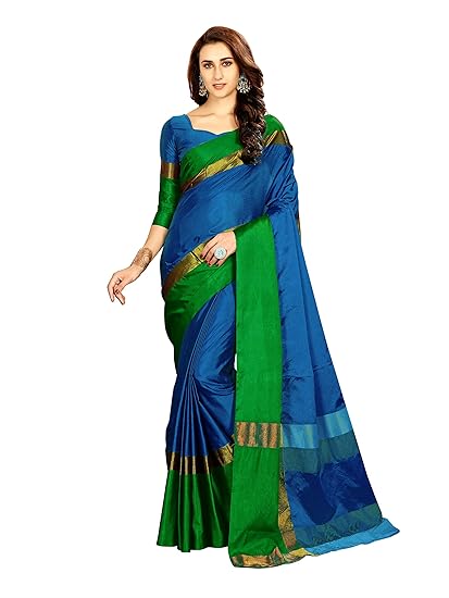 Cotton Saree with Blouse Piece (ORI-BLUE-GREEN_Blue & Green_Free Size)