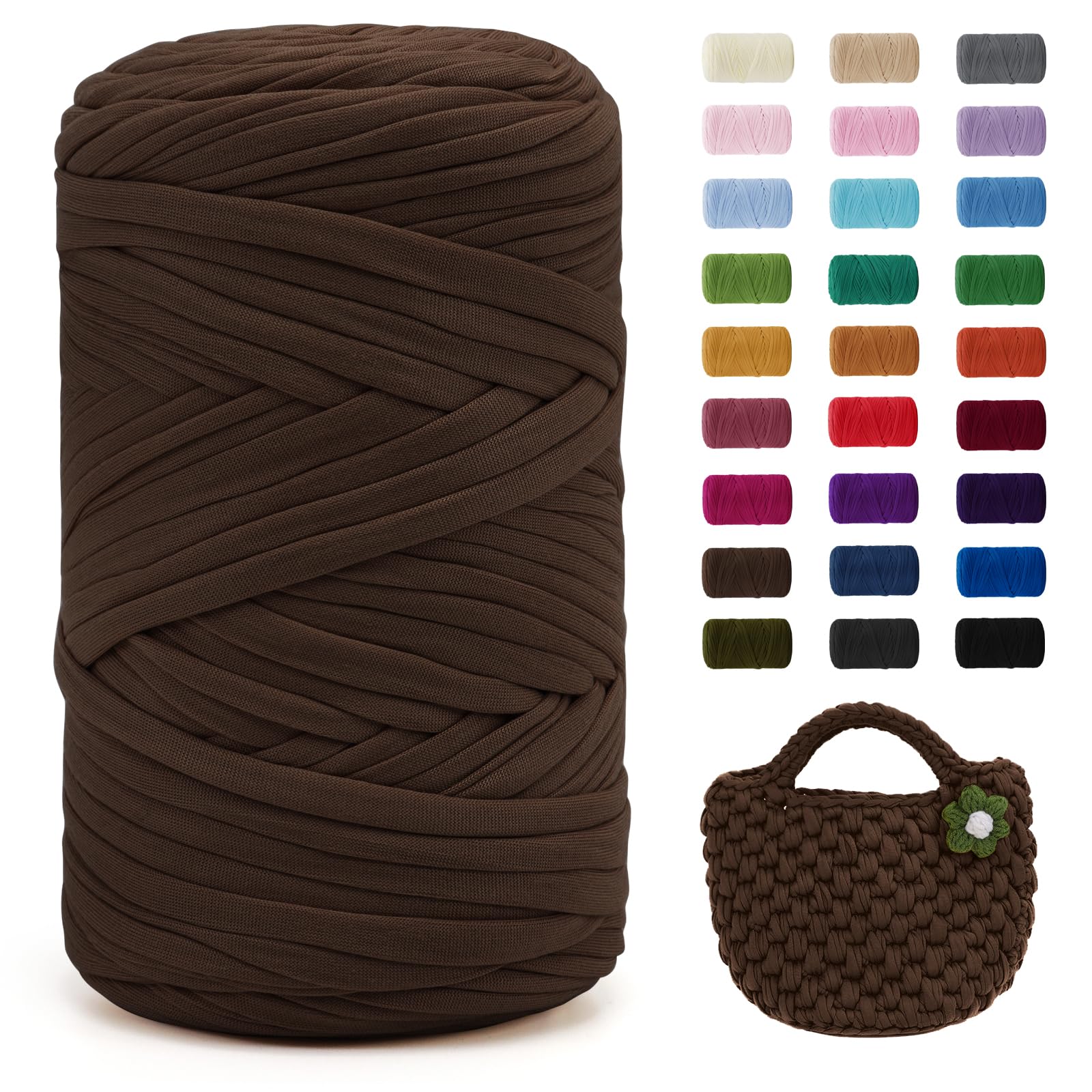 Uiopa Coffee T-Shirt Yarn, 400g/120m Elastic Fabric Crochet Cloth T Shirt Yarn, Chunky Hand Knitting Polyester Ribbon for Crocheting Bags/Baskets/Rugs, Home Decor, DIY Crafts