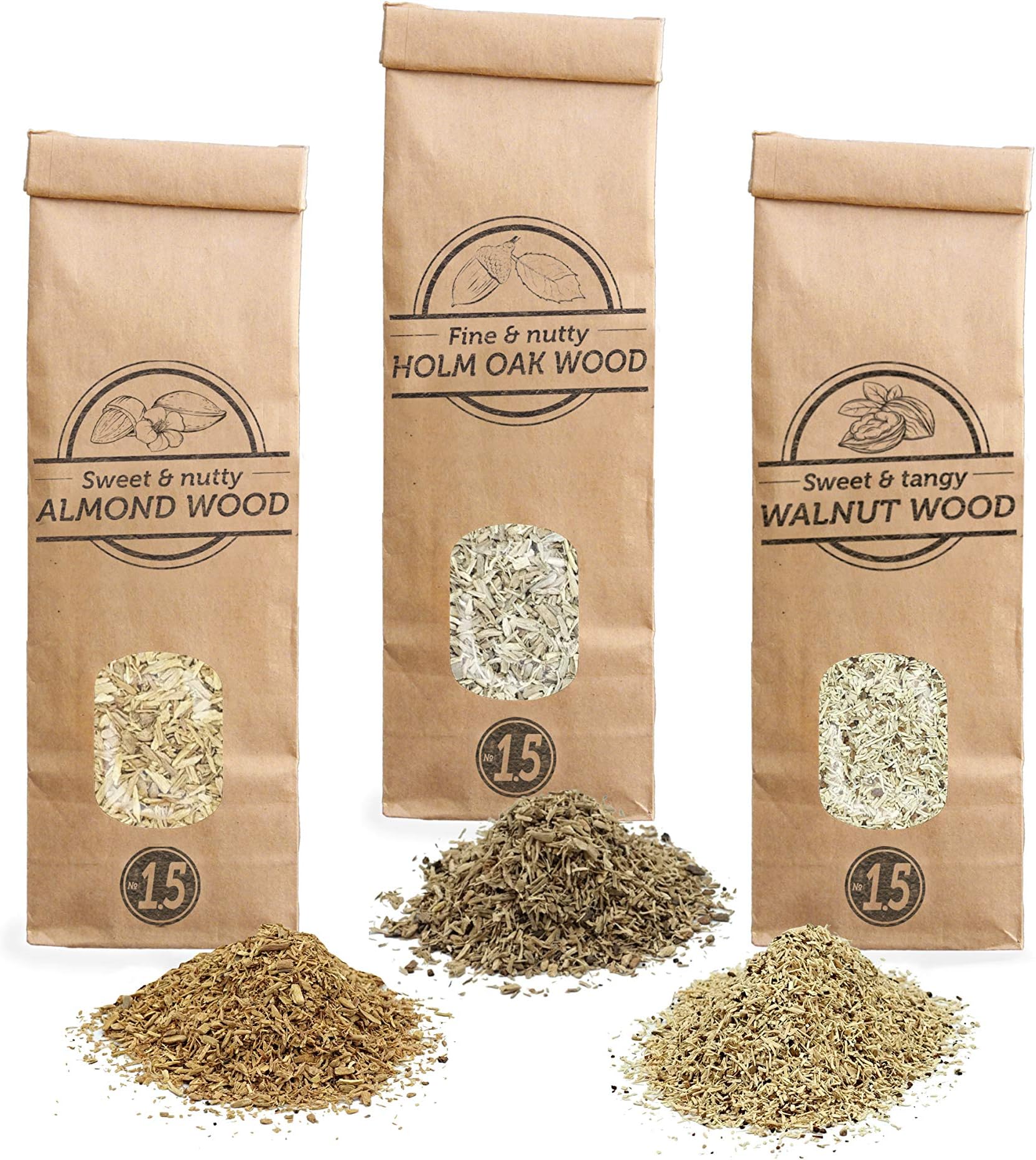 Smokey Olive Wood SOW 3x 300mL smoking chips selection: almond, holm oak and walnut. Size Nº1.5: for smoking gun