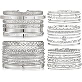 IFKM 5 PACK (35 PCS) Silver Chain Bangles Bracelets Set for Women, Silver Multiple Layered Stackable Open Cuff Bangle Anklet Bracelet Trendy Elegance Link Beads Italian Boho Cuban Jewelry for Women Gift