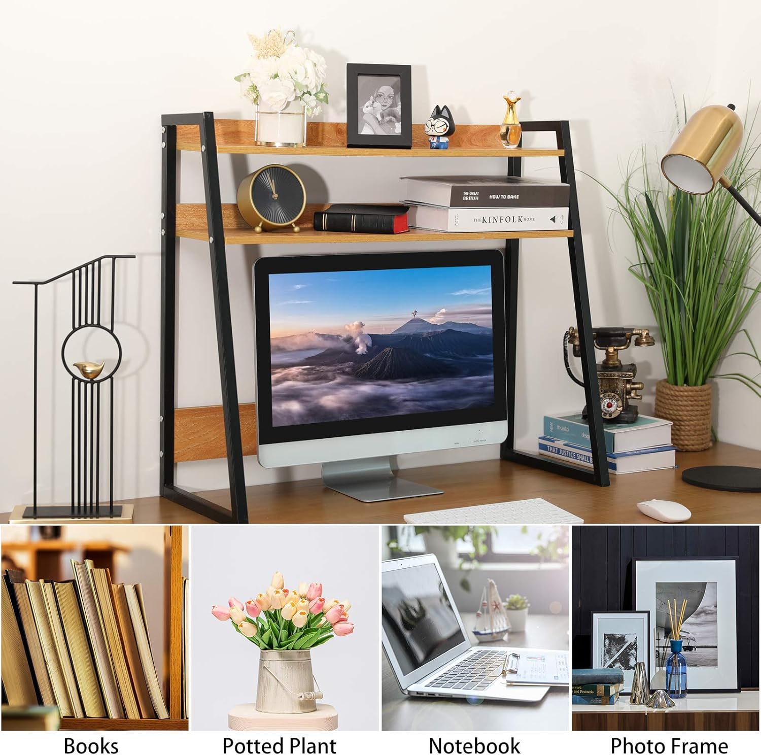 Desktop Bookshelf Wooden Bookcase ,X-cosrack Computer Desk Bookshelf Hutch Storage Organizer Shelves Rack for Office Supplies Organizer, Home Decor 2-Tier Brown: Kitchen & Dining