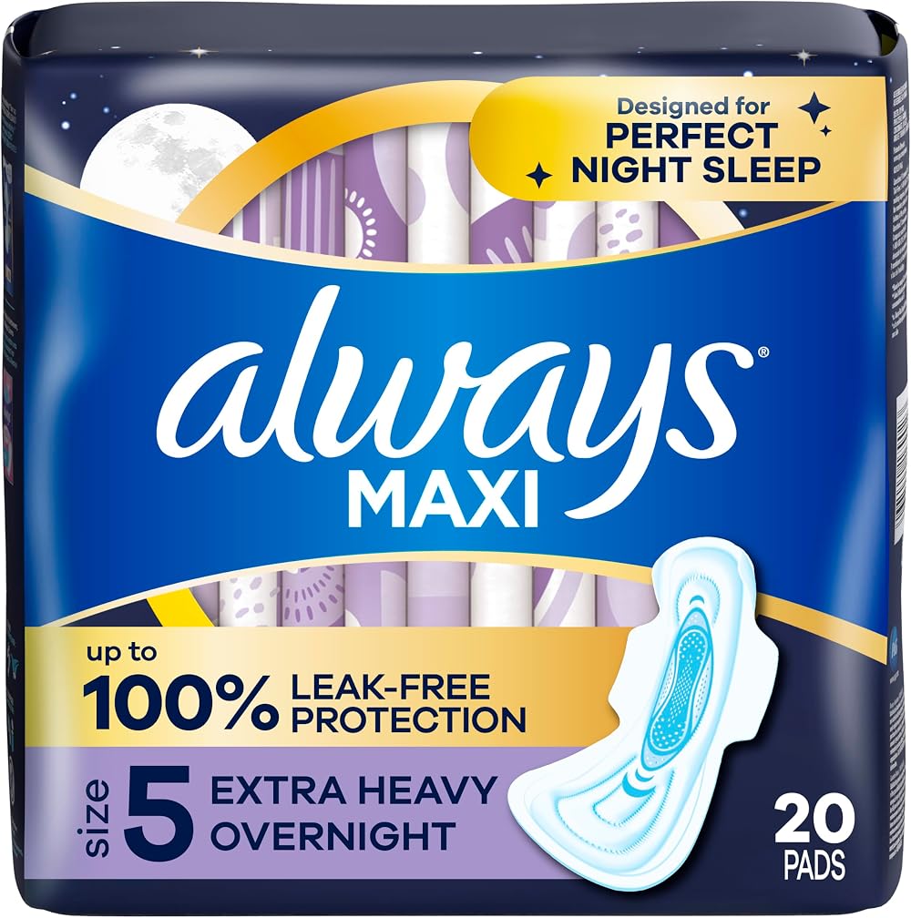 Always Maxi Extra Heavy Overnight Pads with Wings Unscented 20 Count Size 5