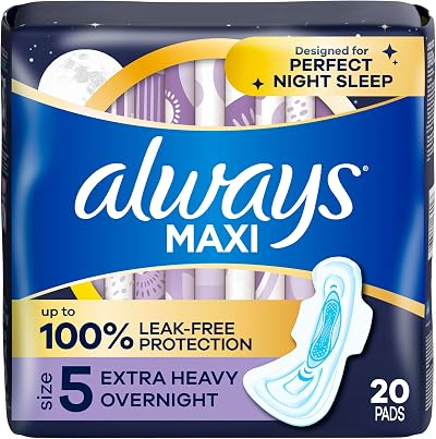 Always Maxi Extra Heavy Overnight Pads with Wings Unscented 20 Count Size 5