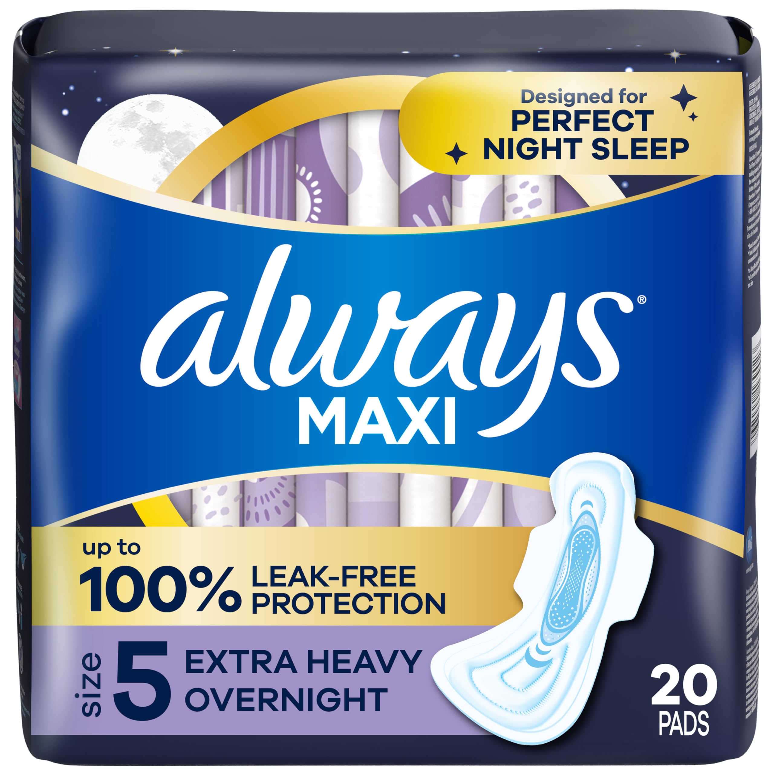 Always Maxi Feminine Pads for Women, Size 5 Extra Heavy Overnight Absorbency, with Wings, Unscented, Pack of 20