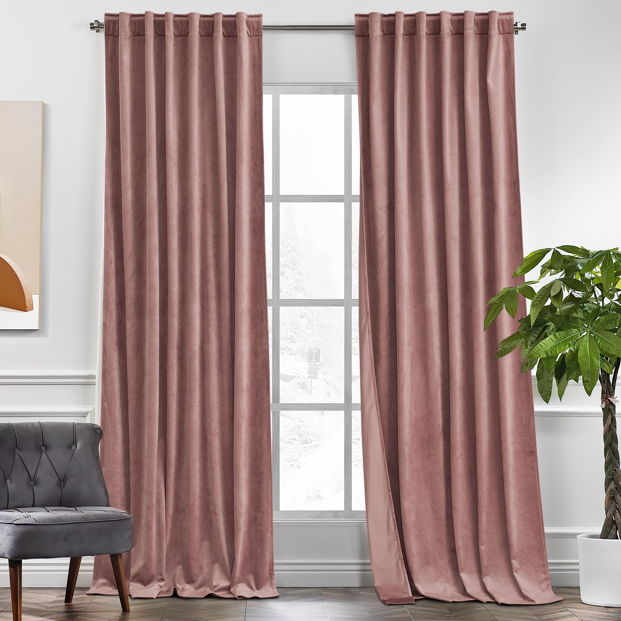 KGORGE Wild Rose Velvet Curtains 84 inches 2 Panels, Velvet Blackout Curtains for Bedroom Living Room, Soft Darkening Thermal Insulating Window Drapes, Back Tab Rod Pocket, W 52 x L 84 Image