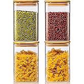 42oz - 4 Pack Square Glass Jars with Bamboo Lids, Glass Food Storage Containers with Airtight Lids for Kitchen, Air Tight Pantry Storage Containers for Cereal, Pasta, Rice, Sugar, Coffee, Spice