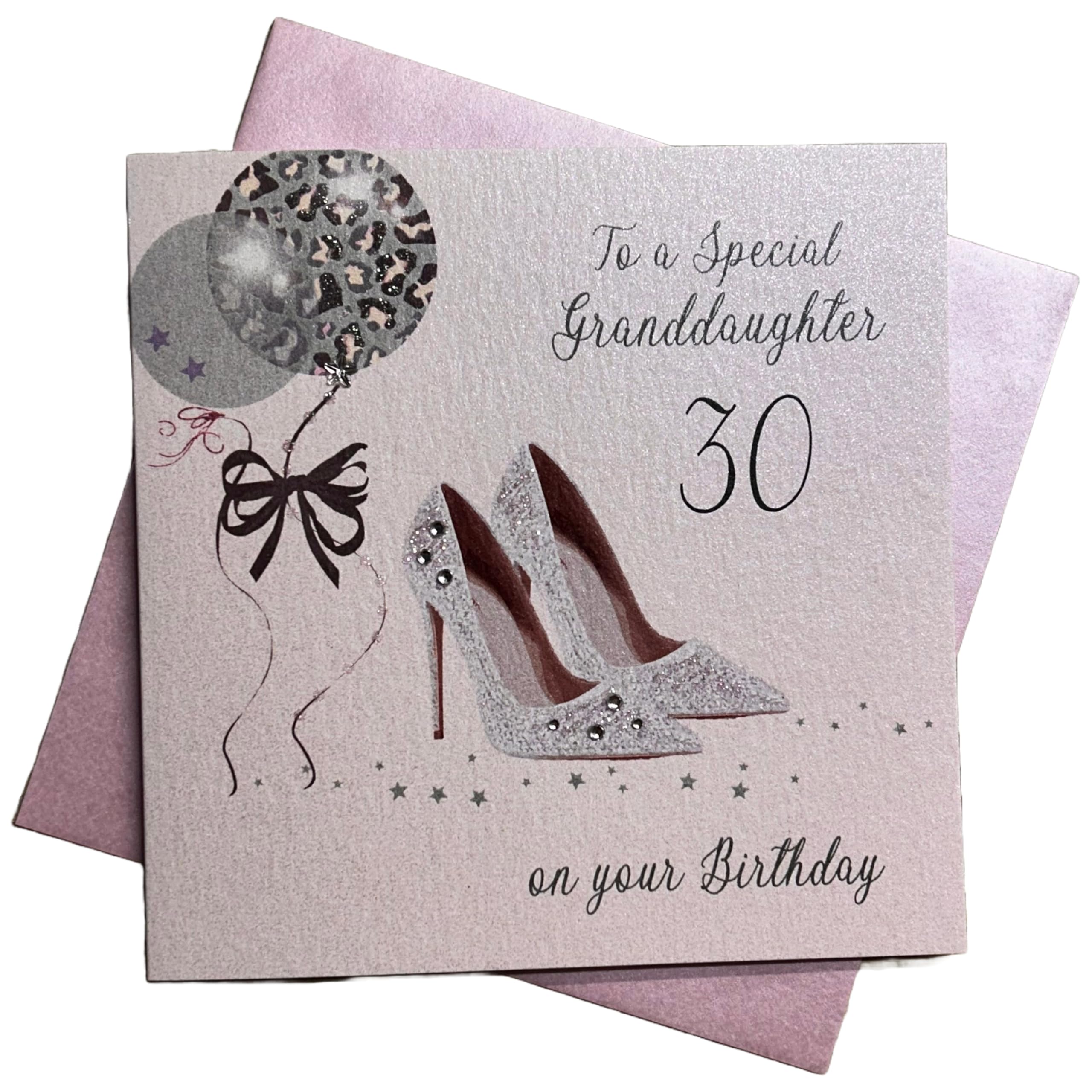 WHITE COTTON CARDS Glitter Ball and Shoe 30 to A Special Granddaughter Handmade 30th Birthday Card, White, PD30GD,16cm x 16cm