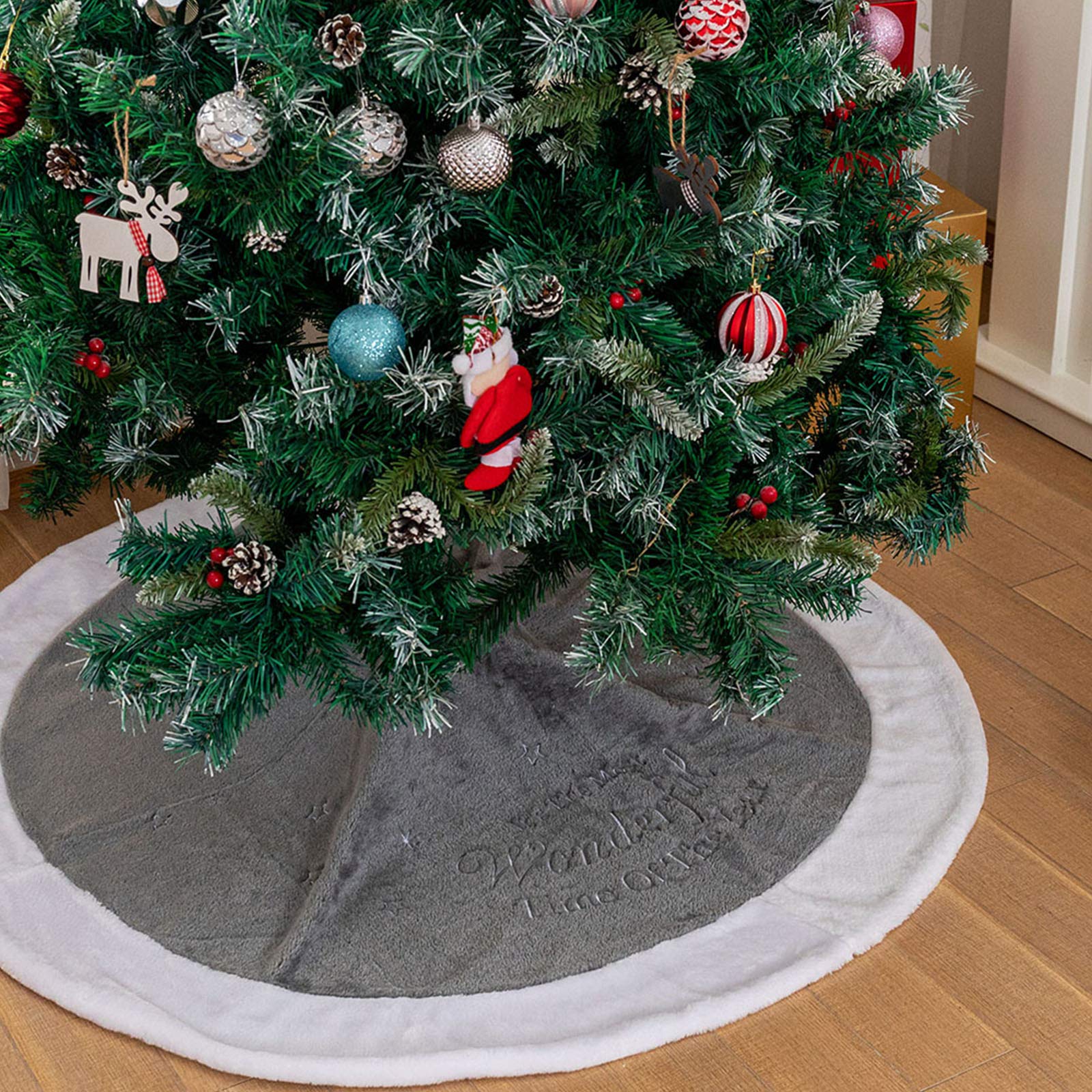 Deggodech 90cm Grey Plush Christmas Tree Skirt with White Plush Edge Round Xmas Tree Skirt Base Floor Mat Cover for Xmas Holiday Party Decoration (Grey, 35inches)