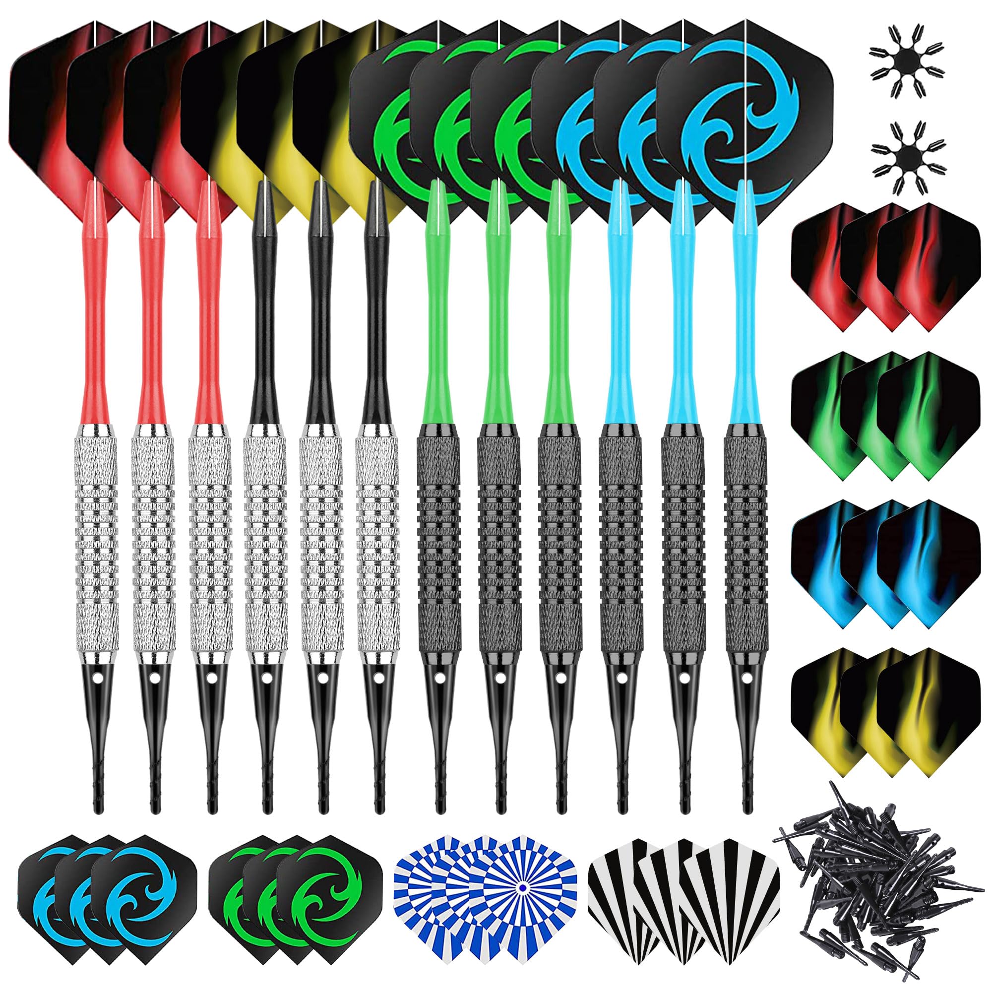 CareGames Soft Darts Set 12Packs with 4 Colors Plastic Shafts,Extra Flights,Points and Flight Protectors