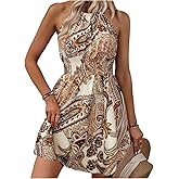BEAUDRM Women's Paisley Halter Dress Boho Sleeveless A Line Mini Dresses Beach Vacation Outfits