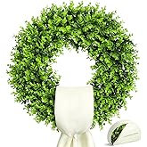 23" Boxwood Wreath for Front Door – Outdoor Boxwood Wreaths with Sash｜Summer & Spring Wreaths for Front Door