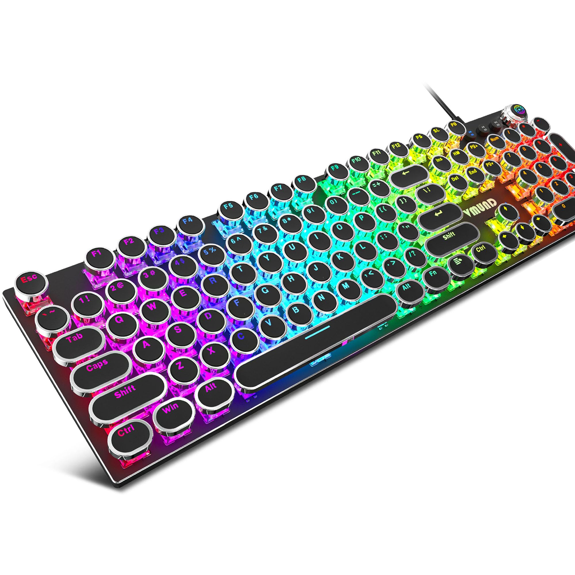 VMUND K968 Retro Typewriter Mechanical Gaming Keyboard - RGB Backlit Wired with Blue Switches, Media Control Knob for PC