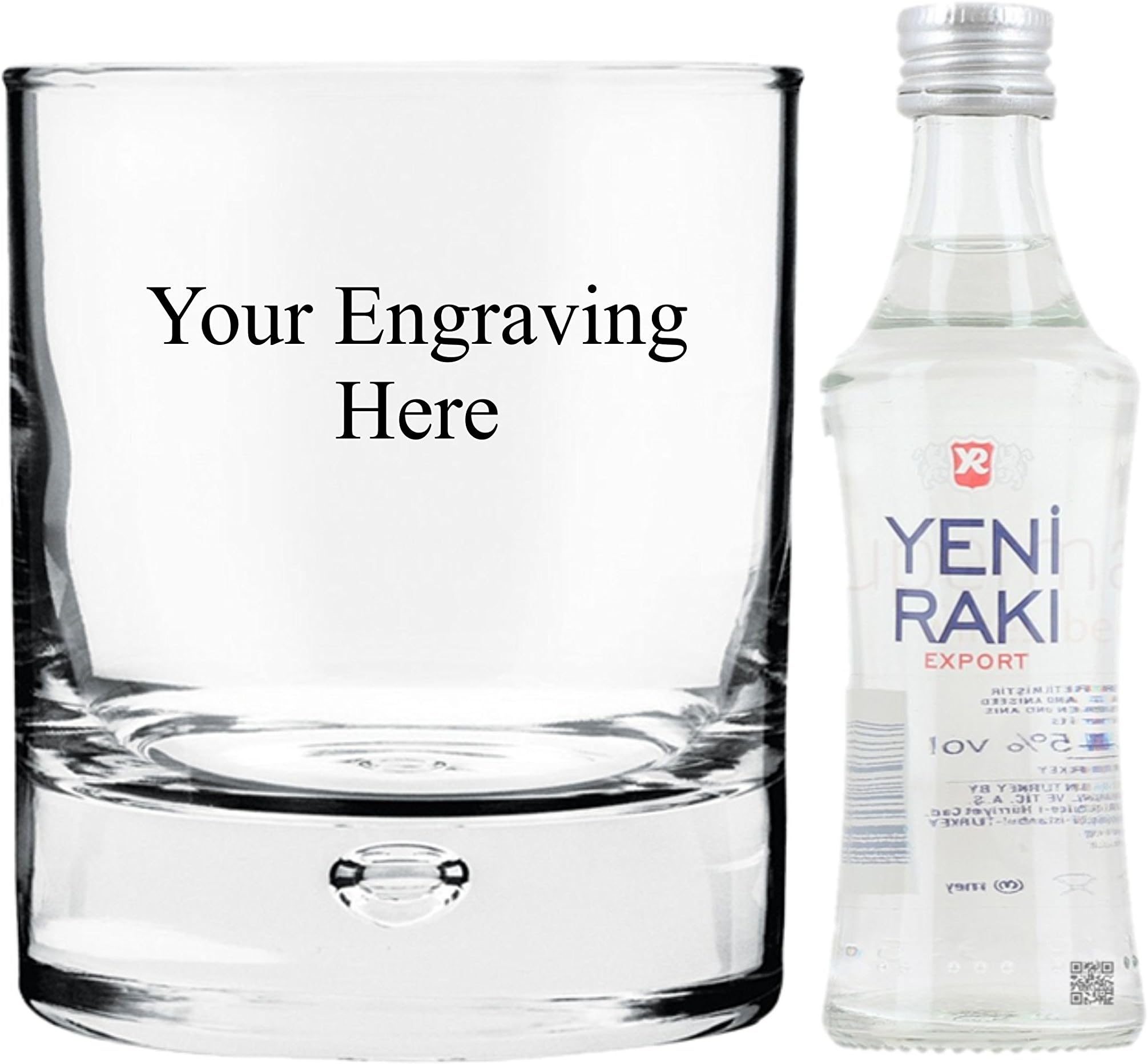Personalised Engraved 10oz Heavy Bubble in base glass, with 50ml Miniature Yeni Raki in Silk Lined Gift box