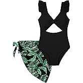 ADIRUN Girls One Piece Swimsuit Cut Out Ruffle Bathing Suit Twist V Neck Swimwear Solid Color with Cover Up Skirt 7-16T