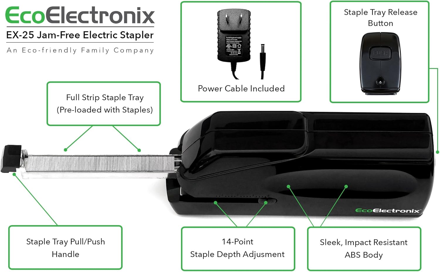 EX-25 Automatic Heavy Duty Electric Stapler - Includes Staples Power Cable & Lifetime Coverage by EcoElectronix - Jam-Free 25 Sheet Full Strip Staple Capacity for Professional and Home Office Use : Office Products