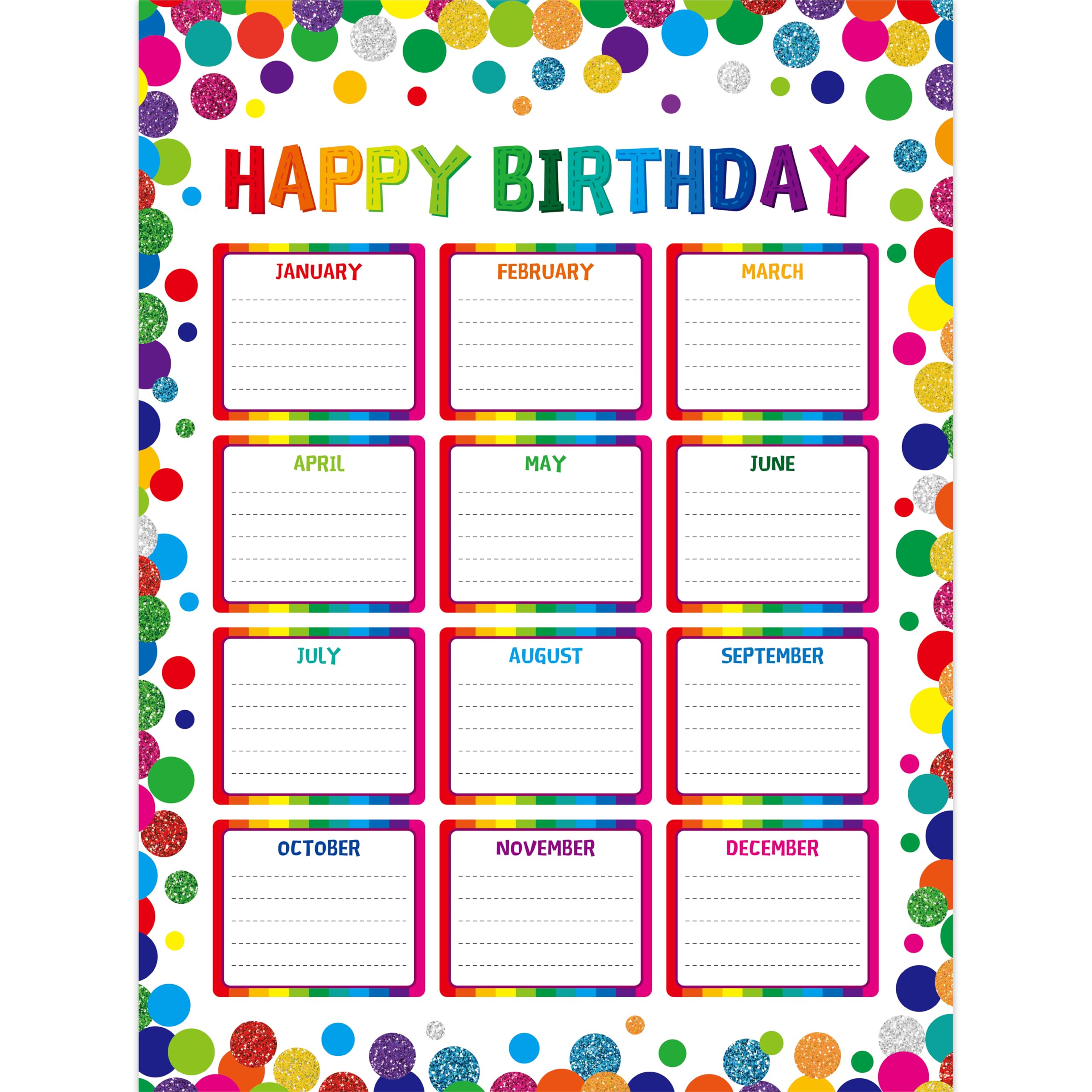 Photo 1 of Classroom Birthday Chart with 20 Glue Dots, Reusable Happy Birthday Poster, Confetti Classroom Decoration, Dry Erase Wall Calendar, Laminated Bulletin Board Decor School Supplies (12.6”X17”)