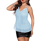 BeryLove Women's Sequin Tank Tops Spaghetti Straps V Neck Layered Ruffle Halter Camisole Blouses