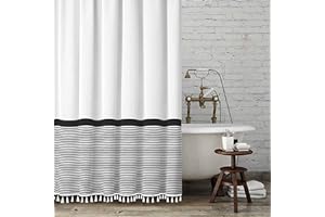 Seasonwood Black and White Shower Curtain Striped with Tassels for Bathroom Decor,Heavy Weighted 72-Inch, 72 x 72