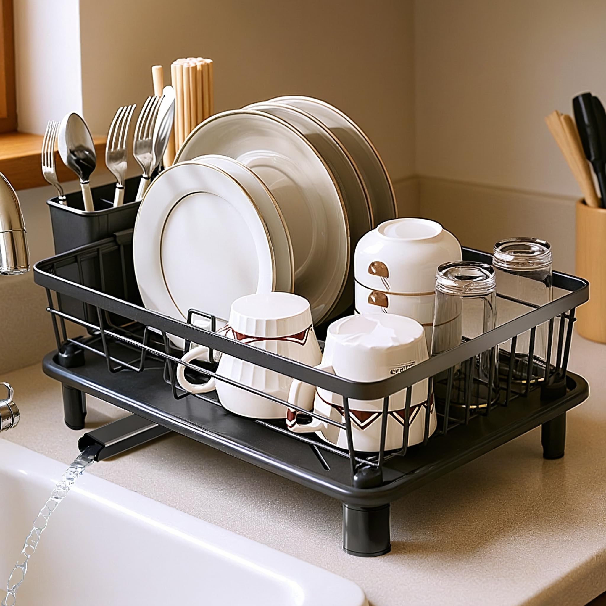 Photo 1 of GAOKASE Dish Drying Rack, Space-Saving Dish Rack, Dish Racks for Kitchen Counter, Kitchen Dish Drainers with Removable Utensil Holder, Plate Rack and Drainboard, 11''W x 15''L, Black