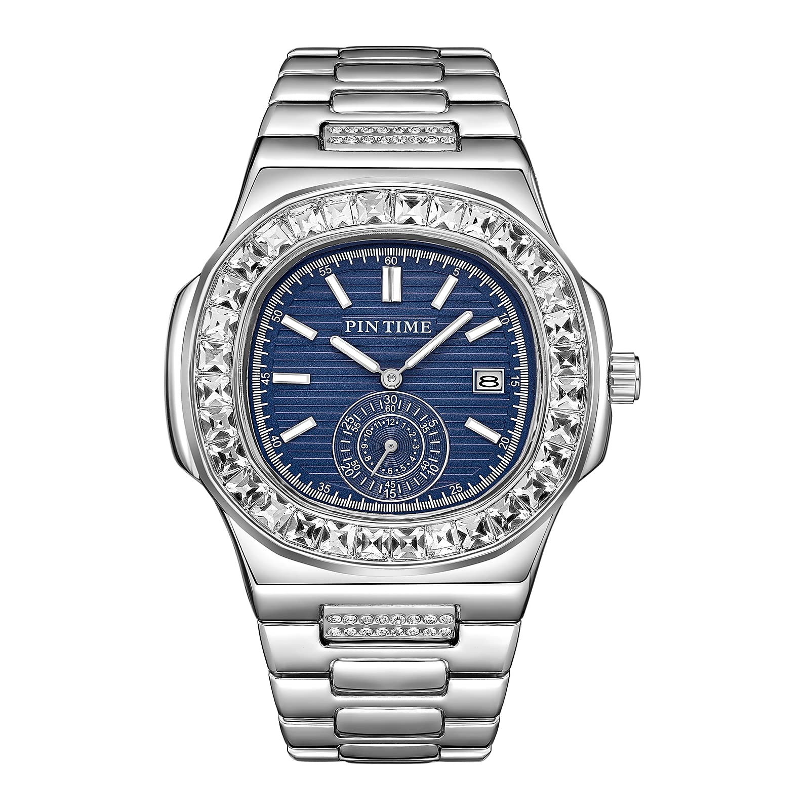 DROCUAMGOYA Men Women Analog Watch Nautilus Stainless Steel Waterproof Quartz Wristwatch Baguette Diamond Sub Dial Auto Date Fashion Bling Watch