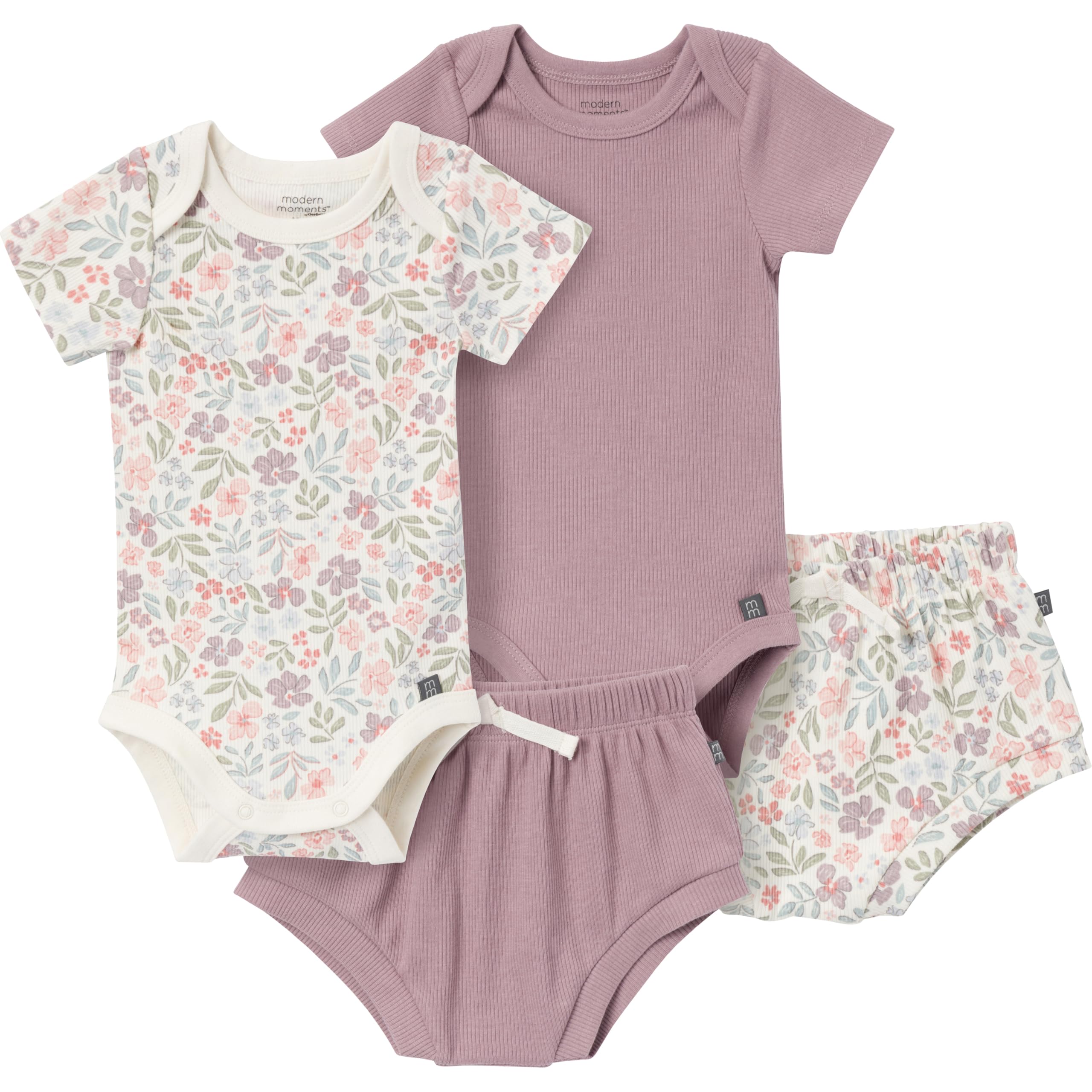 modern moments by gerber baby girls' short sleeve bodysuit and shorts set, ivory garden/medium lilac