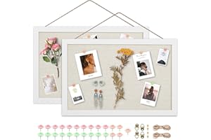 AKTOP 2-Pack Cork Board Bulletin Board 16x11 inch, Small Framed Corkboard with Linen for Wall, Hanging Pin Board Picture Board for Home Office Decor, Cute Vision Board with 25 Pushpins (Vintage White)