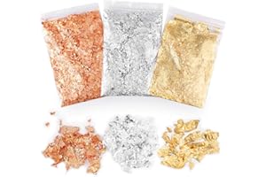 3Packs Gold Leaf Flakes, Gilding Imitation Pure Metallic Foil Flakes Foil Paper with 2 Tweezers for Nail Arts, Paintings, DIY