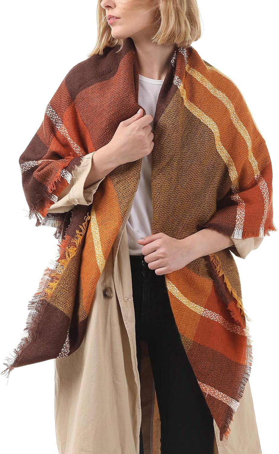 Century Star Women's Stylish Warm Tassels Soft Plaid Tartan Scarf Winter Large Blanket Wrap Shawl (One Size, Brown) at  Women’s Clothing store