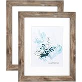 KAIWIN 100% Solid Wood Brown 11x14 Picture Frame 2 Pack Display Picture 8x10 with Mat, Rustic Wooden Photo Frames for Wall Mounting
