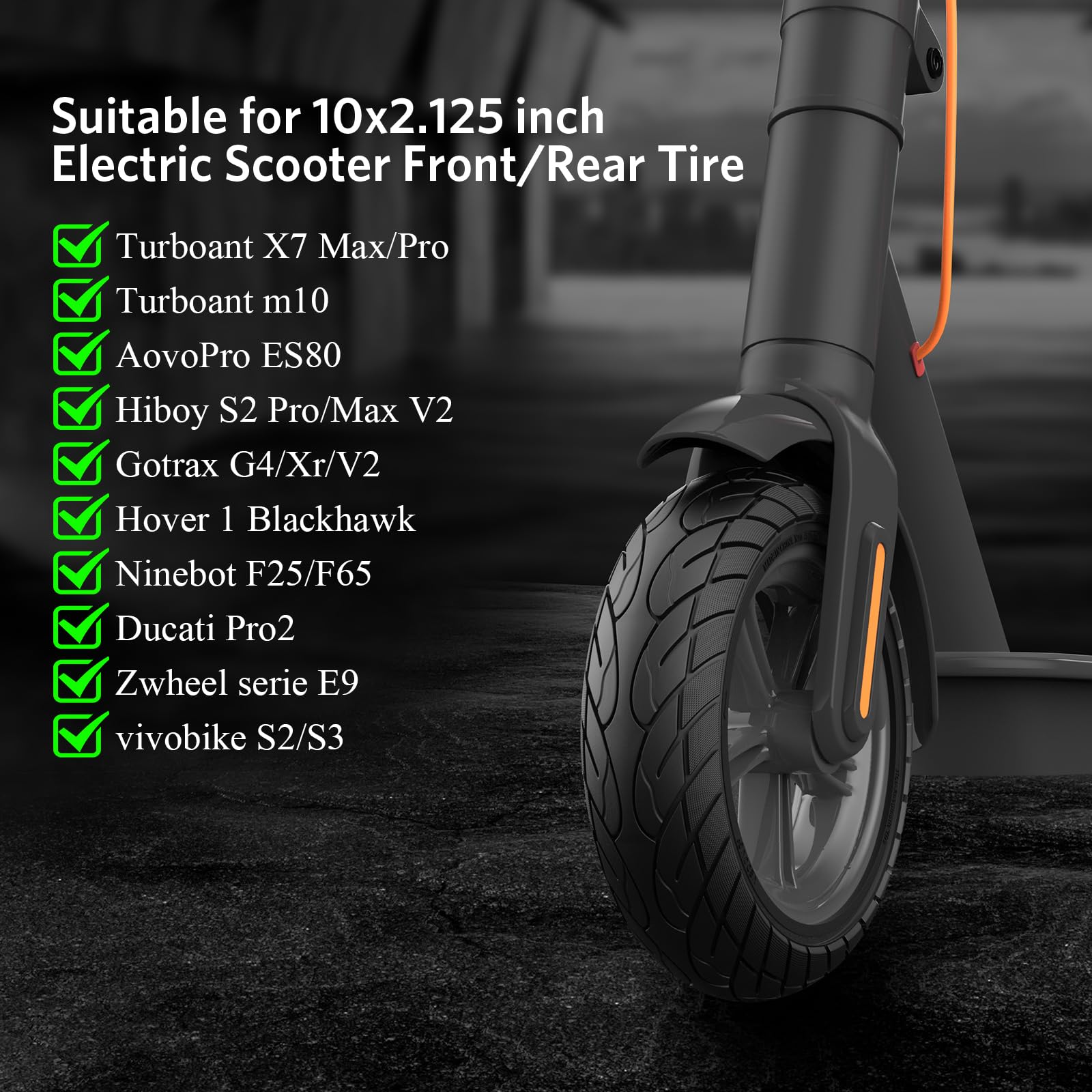 Cooryda 10x2.125 Scooter Tire, 10 inch Solid Rubber Tires Tubeless Front or Rear Replacement 10x2.125 Solid Electric Scooter Tire for Gotrax G4 Xr V2 Ninebot F25 F65 Hiboy S2 Pro 1pc Black
