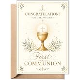First Communion Card, Religious Catholic Greeting Card with Envelope | Folded 5x7 card, Perfect for boys, girls, godchildren, grandchildren, nieces, nephews, and First Holy Communion celebrations.