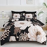 Luxudecor Floral Queen Comforter Set 7 Pieces Bed in a Bag, White Flower Print on Black Bedding Set, Soft Reversible Comforter with Sheet Set 90"x90"
