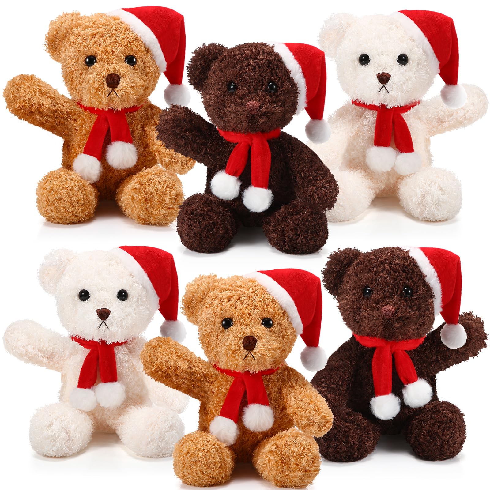 Photo 1 of Shappy 6 Pack Christmas Bear Stuffed Animals Bulk Soft Bear Plush Toys 12 Inches Cute Bears Bulk with Santa Hat and Scarf for Kids Girls Boys Birthday Party(Beige, Brown, Dark Brown)