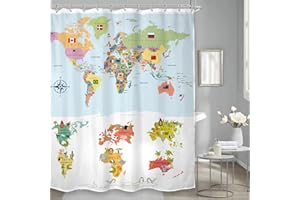 LGhtyro Funny Animal World Map Shower Curtain 60Wx71H Inch Baby Kids Educational Map Shower Curtain Bathroom Set for Boys Girls Teens Colourful World Map Landmarks Bath Accessories Child Home Decor