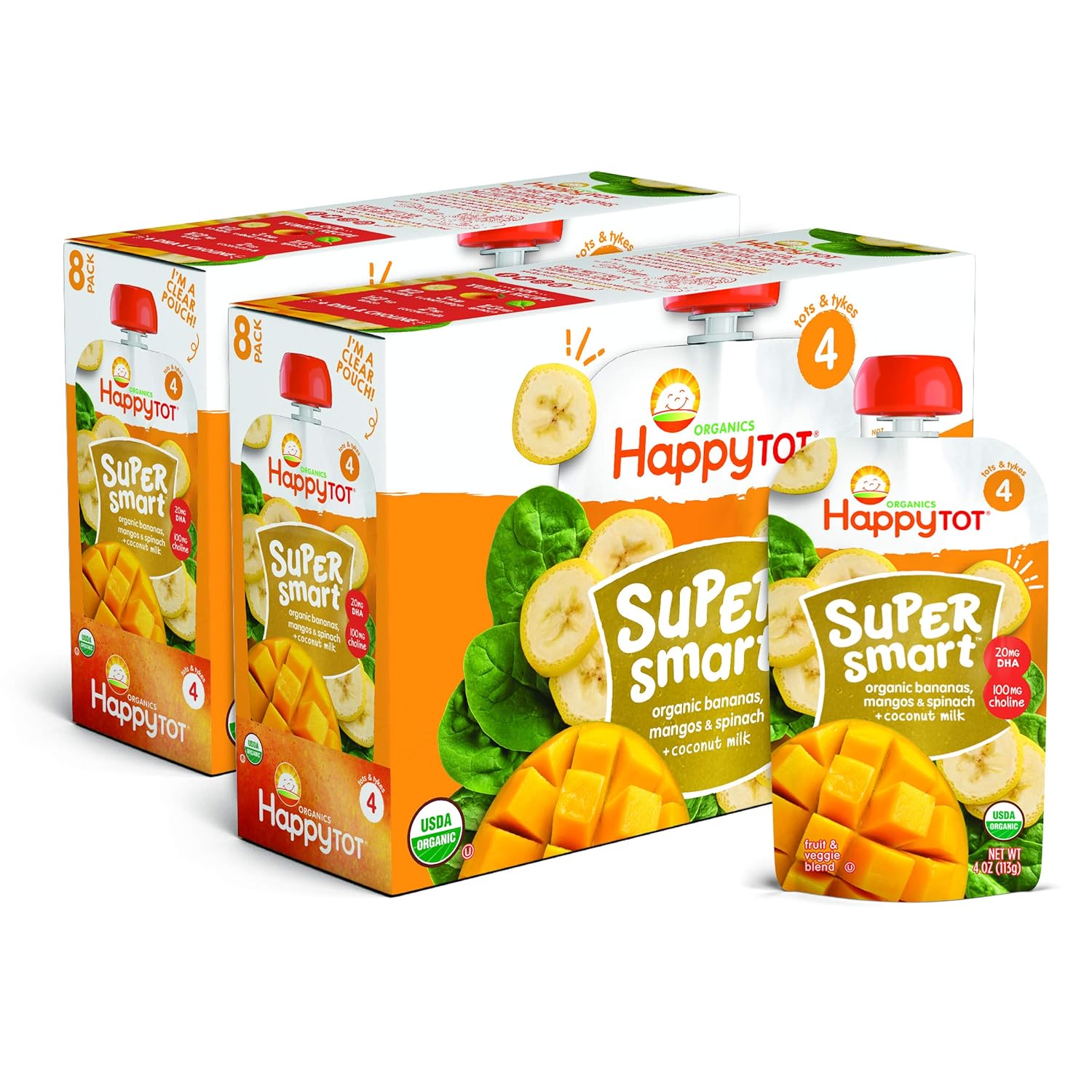 Happy Tot Organic Stage 4 Super Smart Organic Toddler Food Bananas/Mangos/Spinach Plus Coconut, 4 Ounce Pouch (Pack of 16) (Packaging May Vary)