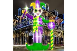 MELISHEER 12 FT Mardi Gras Inflatable Decoration, Large Jester Inflatables with Mask Holding Fleur De Lis Scepter, Lighted Up Blow Up Clown Yard Decorations for Carnival Party Yard Lawn Decor