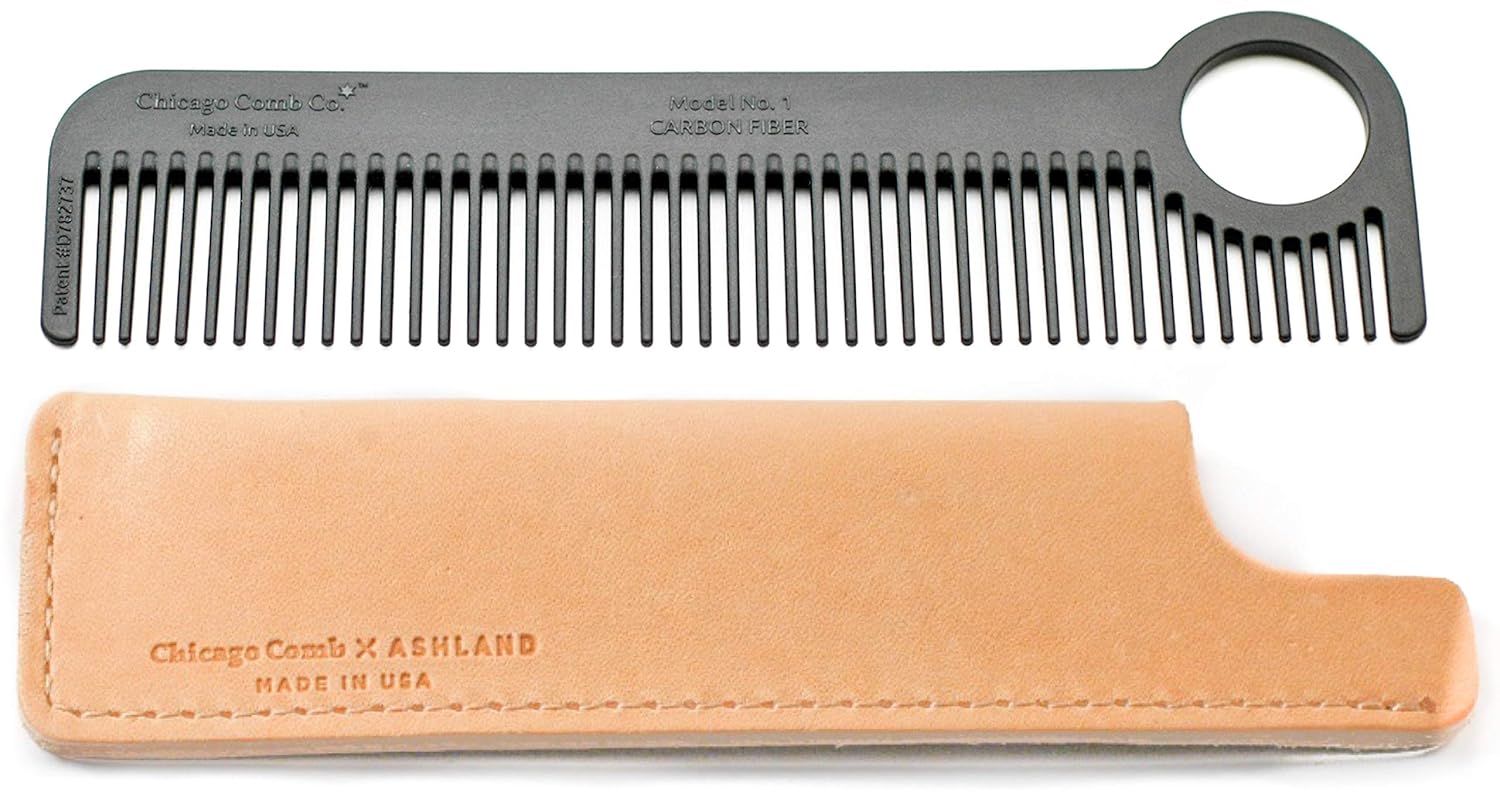Chicago Comb Model 1 Carbon Fiber Comb + Essex Natural Horween leather sheath, Made in USA, ultimate pocket and travel comb, ultra smooth strong & light, anti-static, premium American leather sheath