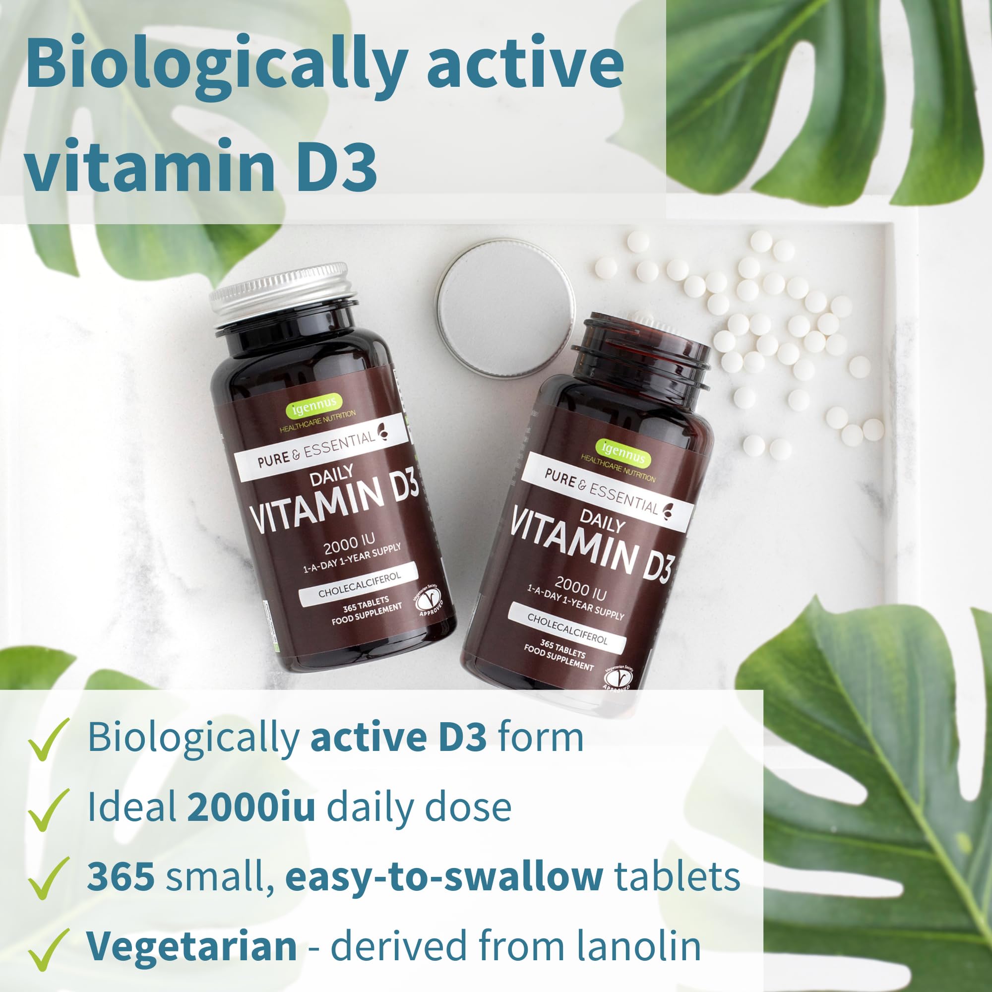 Daily Vitamin D3 2000iu, 50 mcg, Clean Label, 365 Small Tablets, 1-Year Supply, Vegetarian Cholecalciferol Vitamin D Supplement, Pure and Essential by Igennus