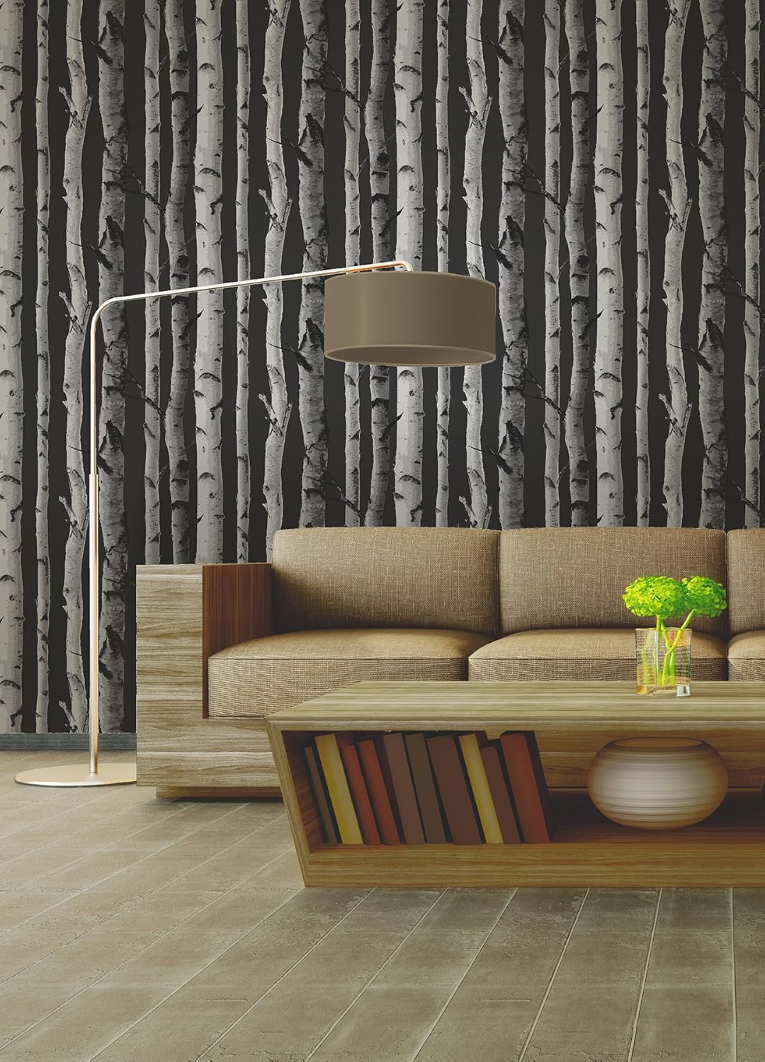 Brewster FD31052 Birch Tree Wallpaper - Black, Black / Silver, 20.5 x 396 cm - Image 3