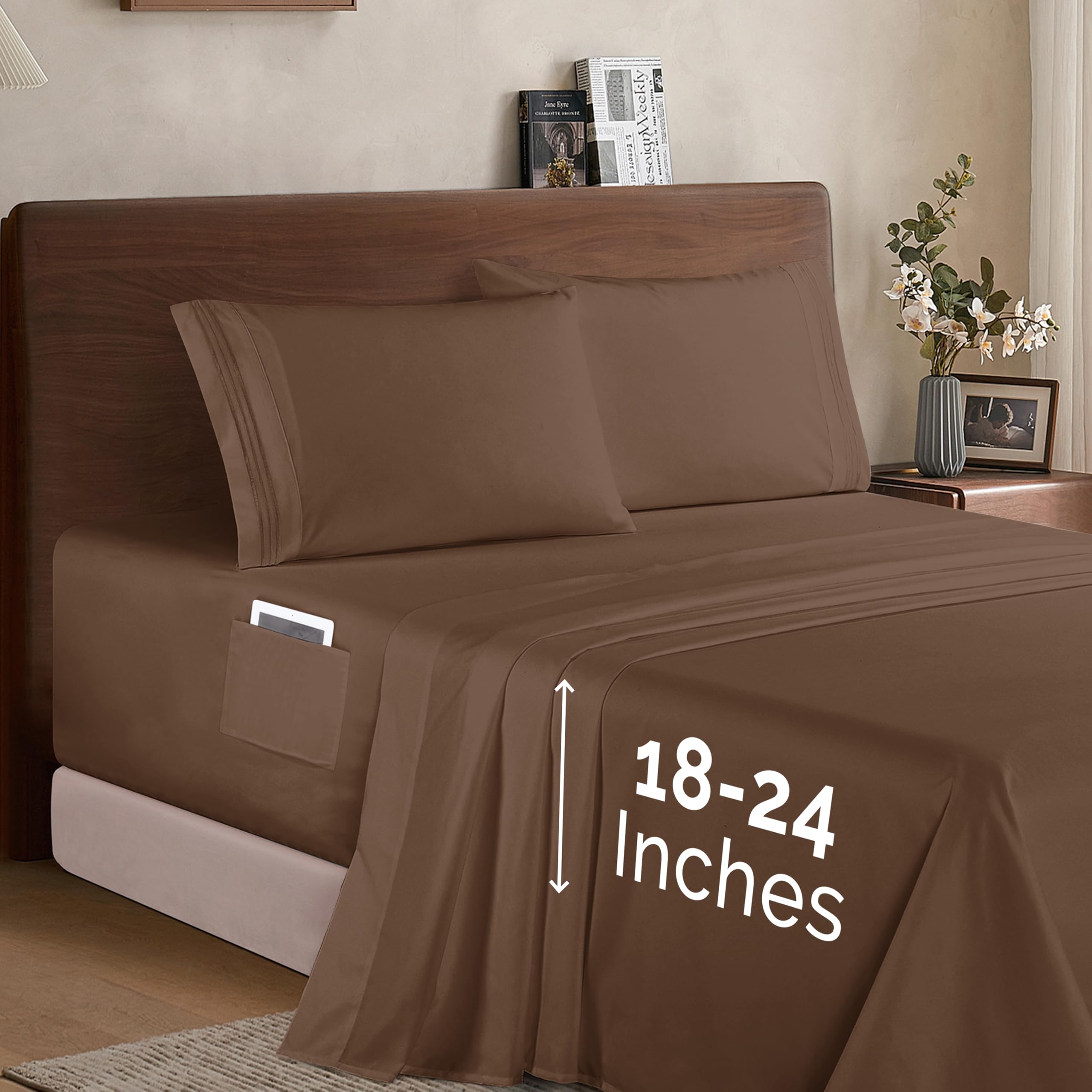 Elegant Comfort Luxury 1500 Premium Hotel Quality Microfiber 4-Piece Sheet Set - Soft, All Around Elastic 18-24 Inches Deep Fitted Sheet - Extra Deep Pocket Sheets, Full, Taupe Image