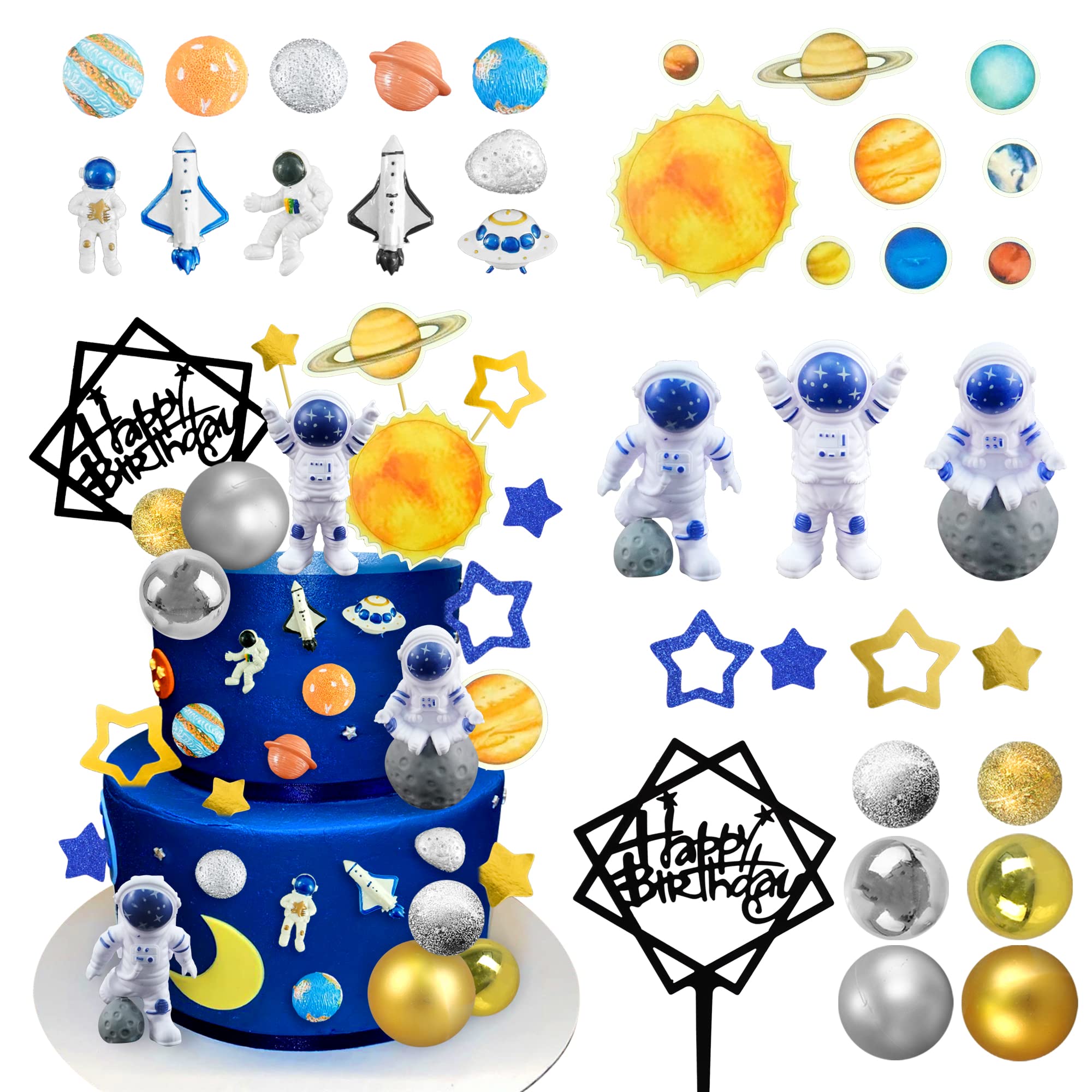 Photo 1 of 40PCS Astronaut Cake Toppers - Outer Space Astronaut Figurine Meteorite Planet Rocket Stars and Gold Silver Ball Space Theme Cake Decorations