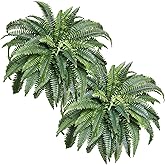 KOL Artificial Boston Ferns, Fake Faux Fern Plants 45 Inch 2 Pack, Green Large Fern with Bendable Stems for Hanging or Floor Display, Indoor Outdoor UV Resistant Home Decor