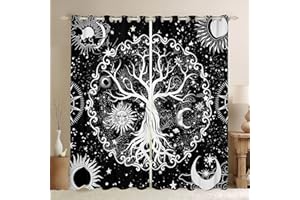 Erosebridal Tree of Life Curtains Sun and Moon Blackout Curtains for Kids Boys Girls,Trippy Galaxy Window Curtains Glitter Stars Window Drapes Black and White Bedroom Decor