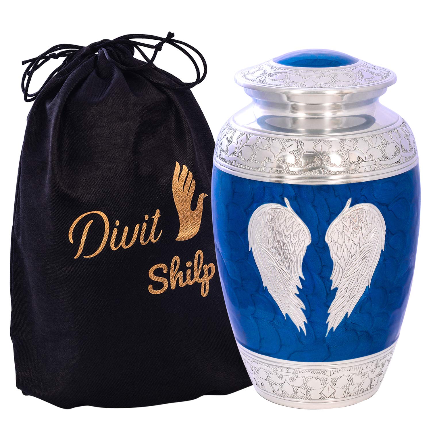 Cremation Urn for Human Ashes with Velvet Bag, for Adults up to 100 kgs, Funeral Urns by Divit Shilp (Angel Wings, Adult)