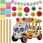 Suncalla 25 Pcs Day of The Dead Golf Cart Decorations Dia De Los Muertos Car Decoration Marigold Garland Mexican Party Banners Pom Poms Hanging Paper Fans for Halloween Golf Cart Party Decor