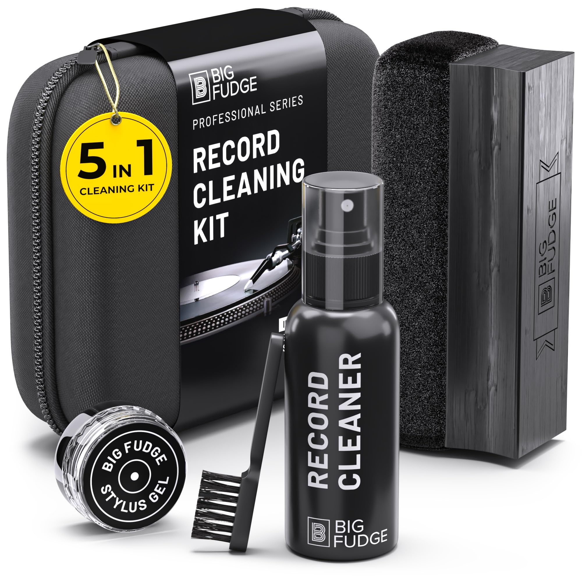 BIG FUDGE Vinyl Record Cleaning Kit - 5-in-1 Incl. Velvet Cleaner Brush, Cleaning Fluid, Stylus Gel, Velvet Brush & Padded Storage Case - Professional Record Cleaner for Vinyl Records