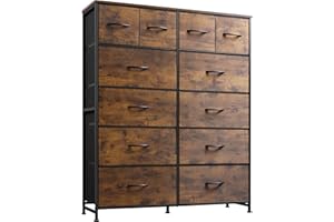 WLIVE Tall Dresser for Bedroom with 12 Drawers, Dressers & Chests of Drawers, Fabric Dressers for Closet, Storage Dresser Organizer with Steel Frame, Wood Top, Rustic Brown Wood Grain Print
