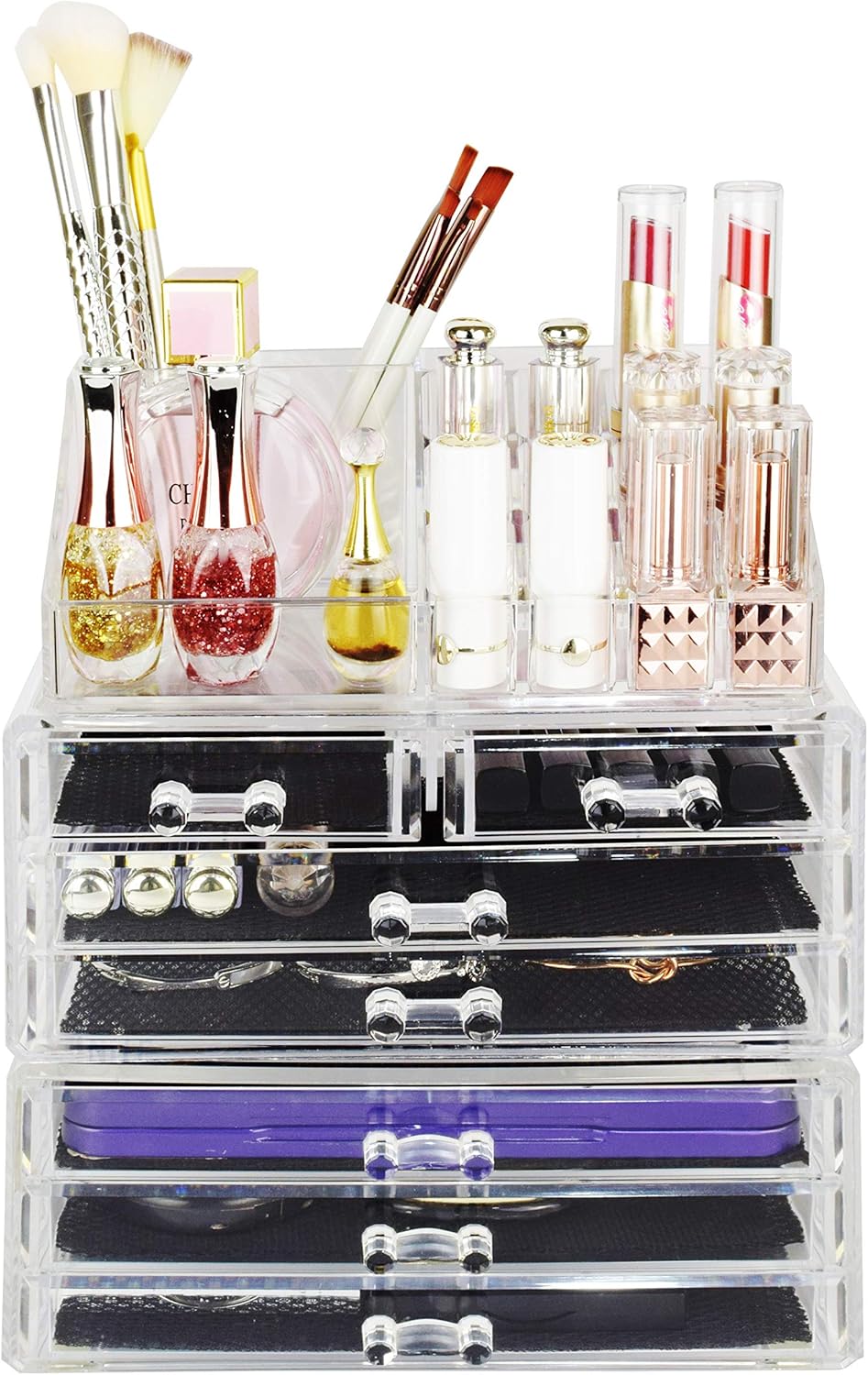 Ikee Design Cosmetics Makeup and Jewelry Storage Case Display for Lipstick, Nail Polish, and Makeup Brushes, Cosmetic Jewelry Organizer Makeup Holder, Cosmetic Organizer for Vanity, Clear: Home & Kitchen